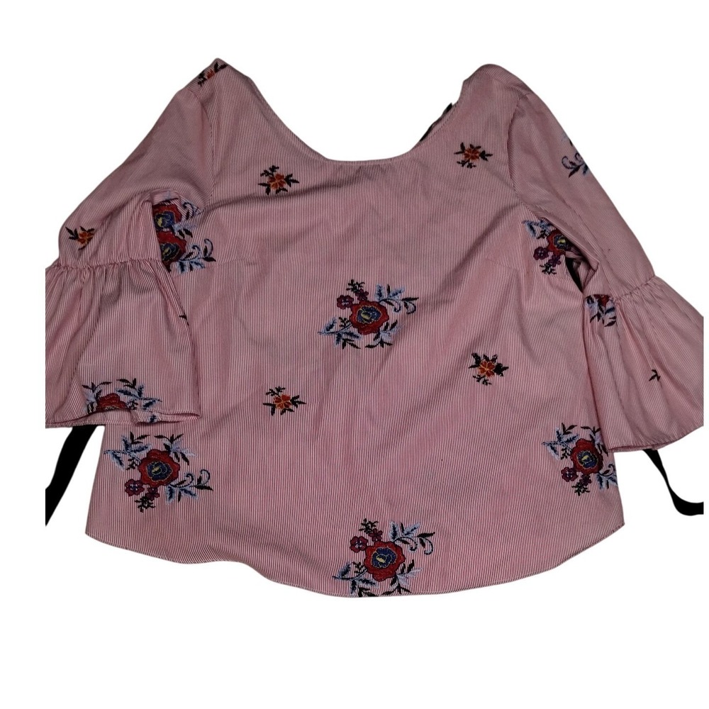 Nine West Medium Pink Embroidered Floral Bell Sleeve Striped Blouse Boho Top - Picture 2 of 11